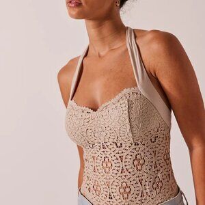 NWT Free People Intimately Golden Hour Lace Halter Open Back Bodysuit Size Small